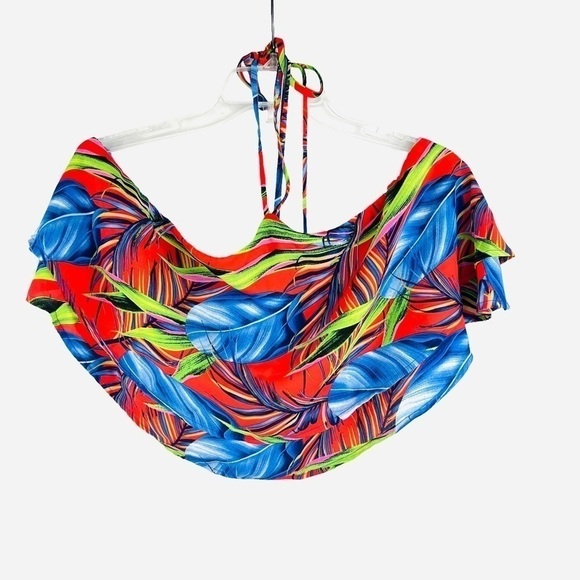 New-shop17 Two Pc Set Tropical Multi color, Ruffled Top Wide Leg Neck Tie Pants - Picture 6 of 16